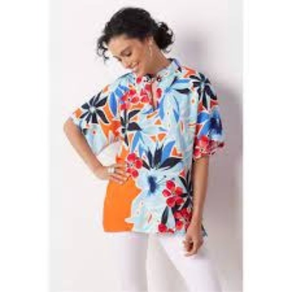 Soft Surroundings Cabana Bay Tropical Print Blouse Size XS